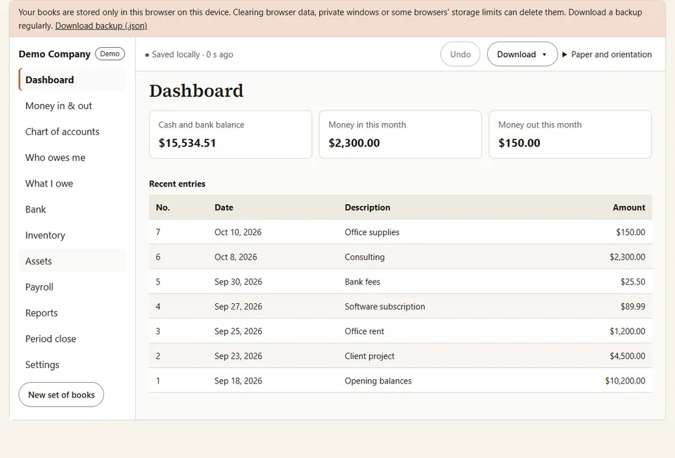 The Accounts workspace dashboard for a demo company: cash and bank balance, money in and out this month, and recent entries.